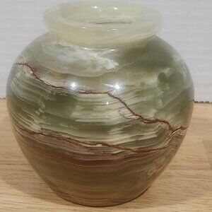 Polished Onyx Handcrafted Vase Solid Pedestal Green Brown Cream Bud Vase Heavy